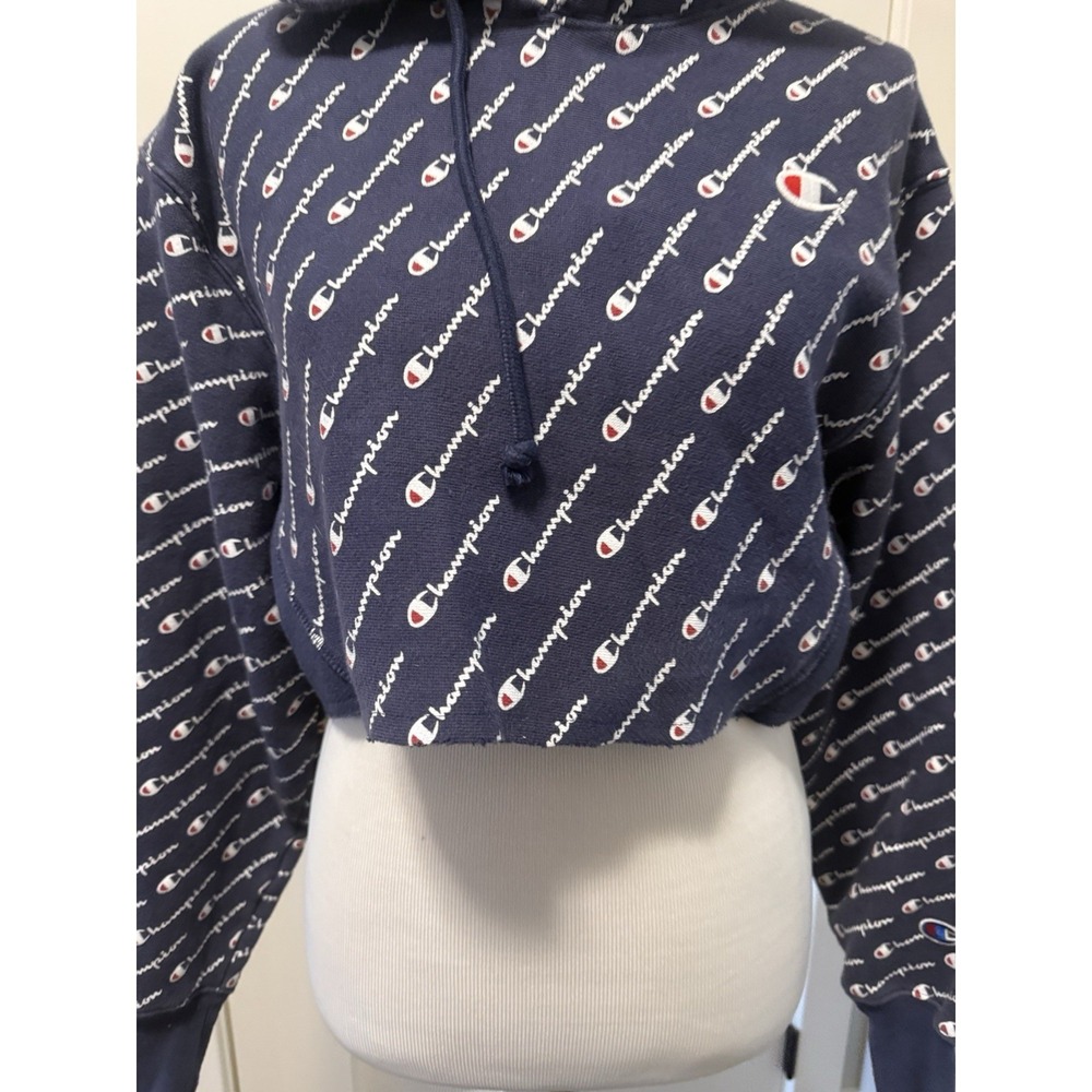 Champion Women Cropped All Over Print Logo Hoodie Reverse Weave Blue Size Small - Picture 3 of 8